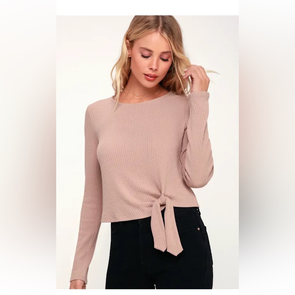 Lulus Wilson Light Mauve Ribbed Long Sleeve Tie-Front Crop Top